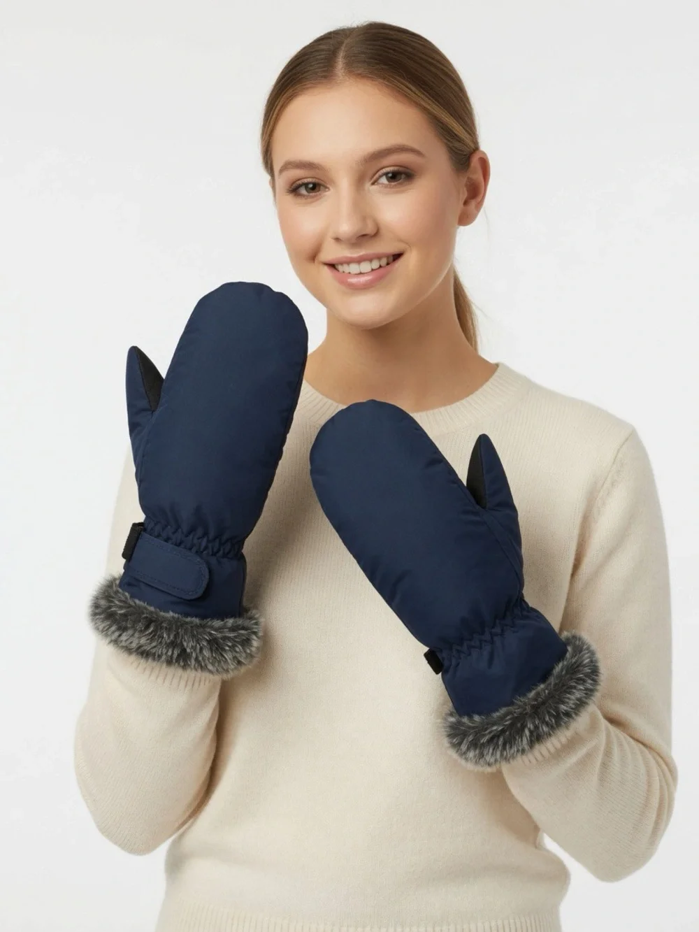 Eddie Bauer Navy Goose Down Fur Cuff Women's Mittens Gloves Navy Large